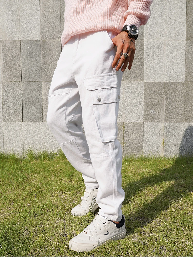 Men's casual jeans, simple white denim work pants, high - quality slim - fit jeans 6