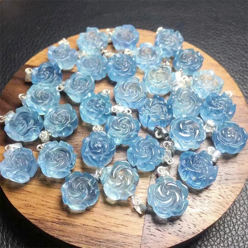 

S925 Natural Aquamrine Flower Pendant Crystal Carved Figurine Fashion Jewelry Gift Women DIY Accessories Gift 1PCS