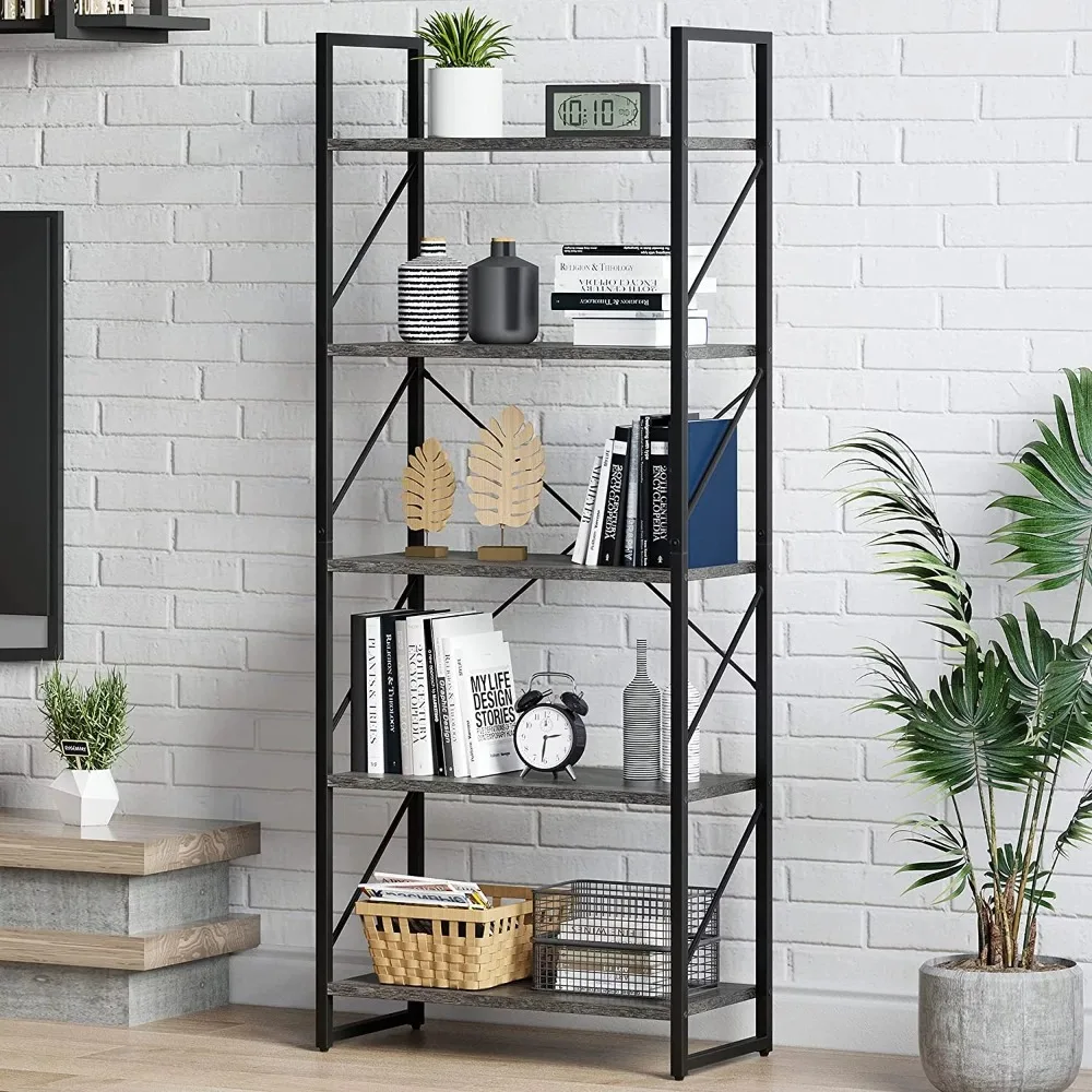 

5-Tier Bookcase Storage Shelves, 65 In Ladder Bookshelf, Industrial Furniture For Bedroom Living Room Office,