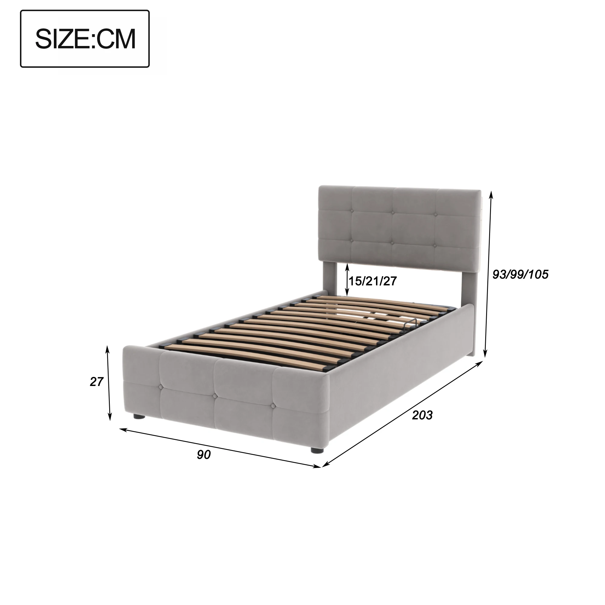 KOMHTOM Kinderbett Einzel 90x200 cm aus Samtstoff mit hydraulischem Stauraum und höhenverstellbarem Kopfteil – Detail 8