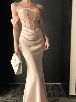 Abito elegante a tromba patchwork in raso da donna con spalle scoperte Abbigliamento vintage Lady Festa di compleanno Abiti chic aderenti 1