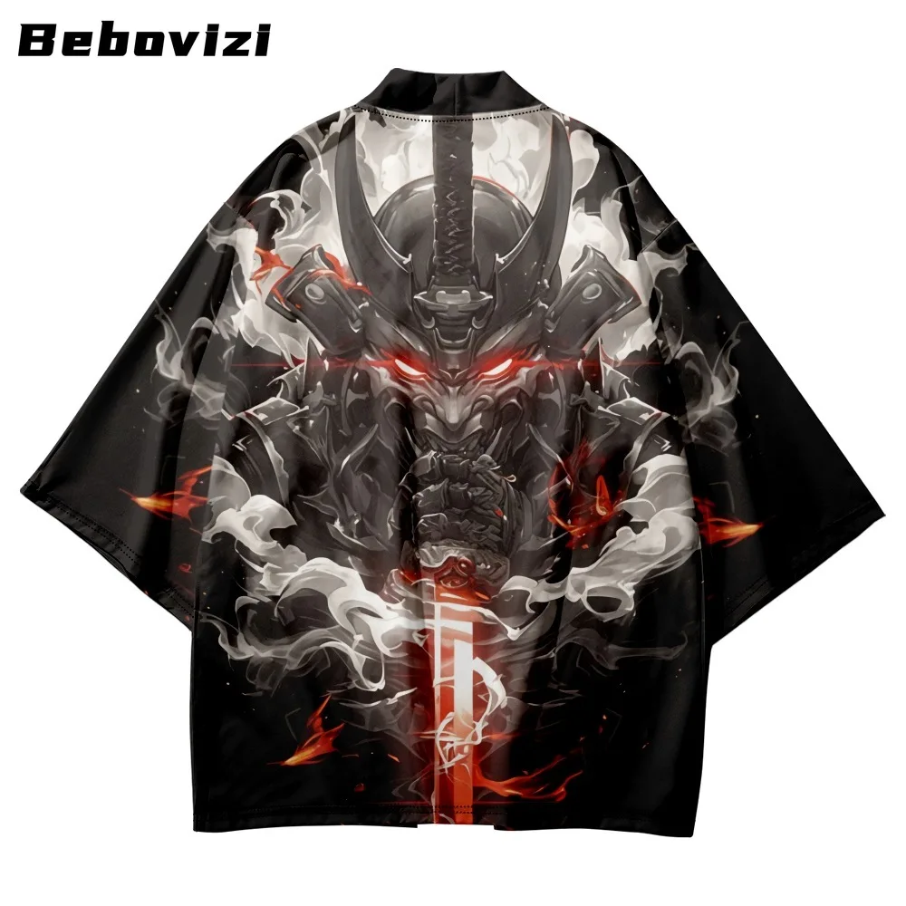 Men Cardigan Haori Japanese Anime Demon Samurai Print Kimono Harajuku Women Beach Yukata Plus Size