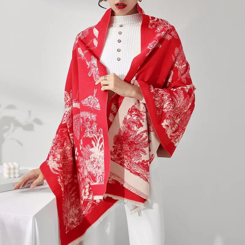 

Новинка 2024, Осень-зима, кашемировый шерстяной Пашмина, винтажный шарф, глушитель, Женская Роскошная шерстяная шаль с цветочным принтом, помпоны, T840