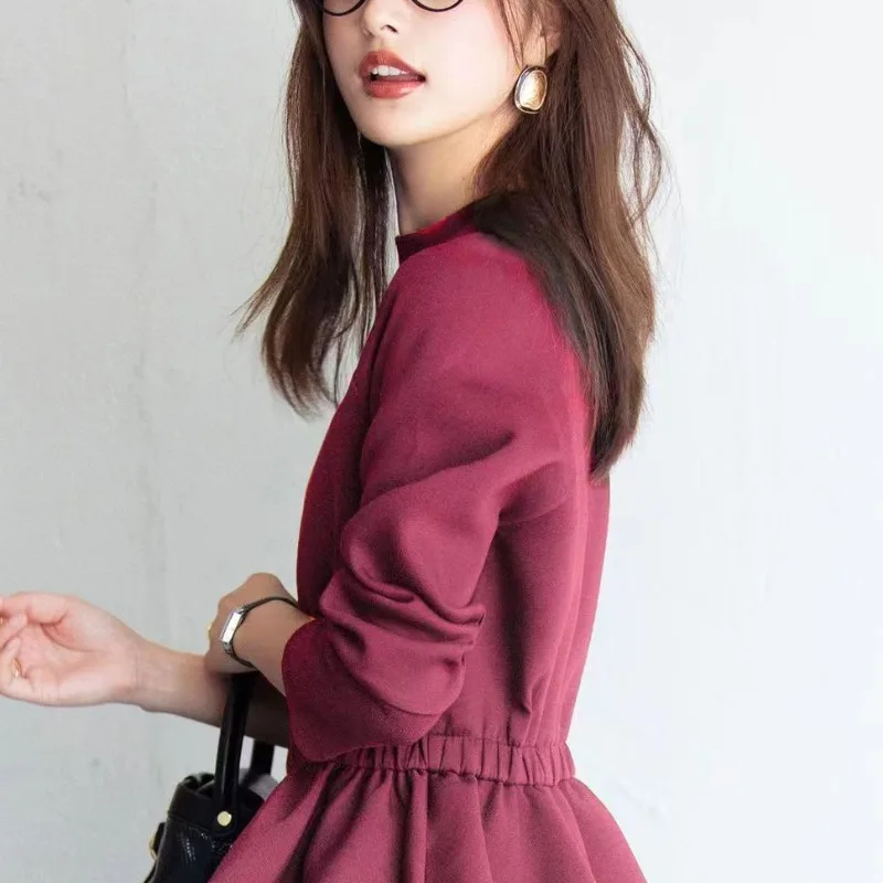 Women's Autumn Winter Fashion Elegant Round Neck Pullover Long Sleeve Solid Sweatshirt Casual Versatile Western Commuter Tops