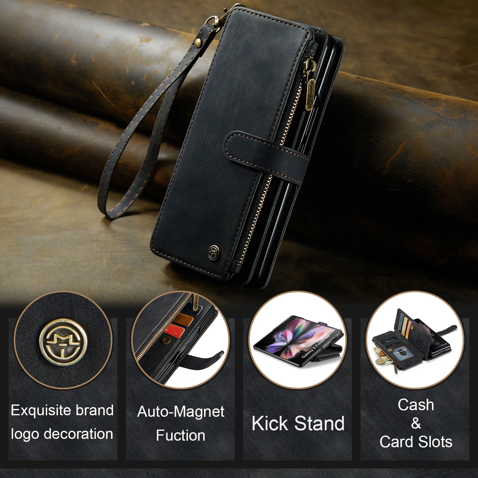 Durable PU Leather Magnetic Wallet Flip Case with Lanyard Strap and Zipper Card Holder