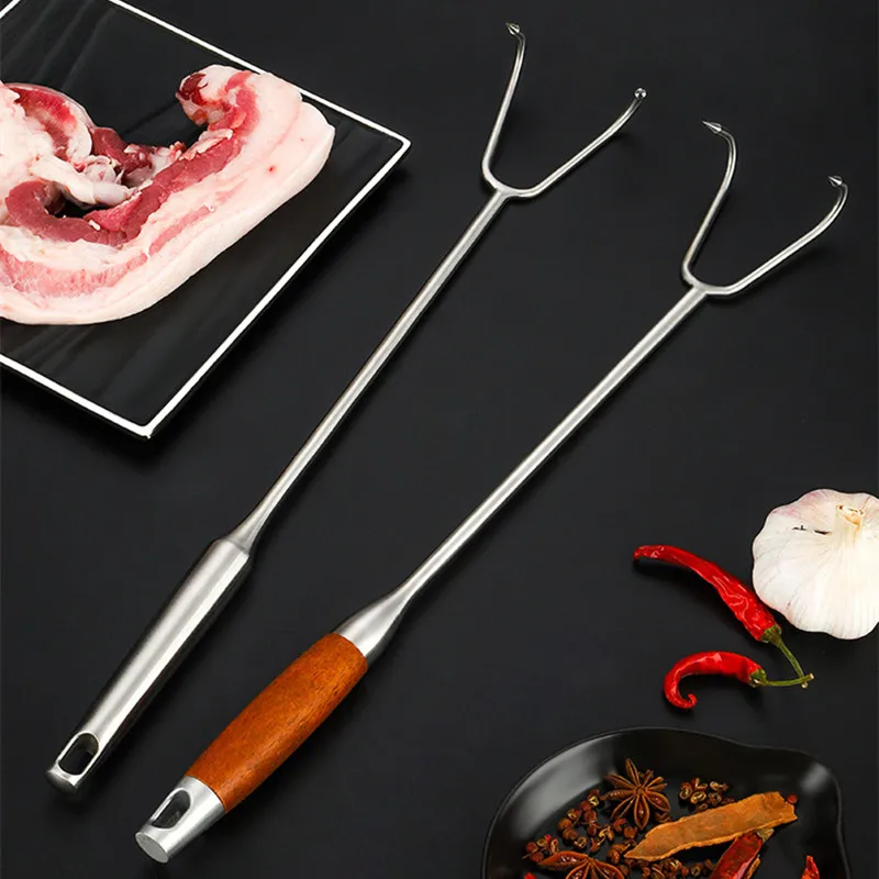 Stainless Steel Wooden Handle Bacon Fork Turkey Forks Roast Meat Heat Insulation Butcher Tools Barbecue Cooking Accessories