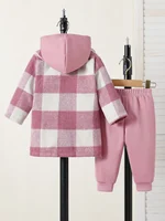 Tenue d'automne pour bébé fille, veste à carreaux rose blanc, sweat-shirt à capuche, pantalon long, ensemble trois pièces, vêtements de rue quotidiens 2