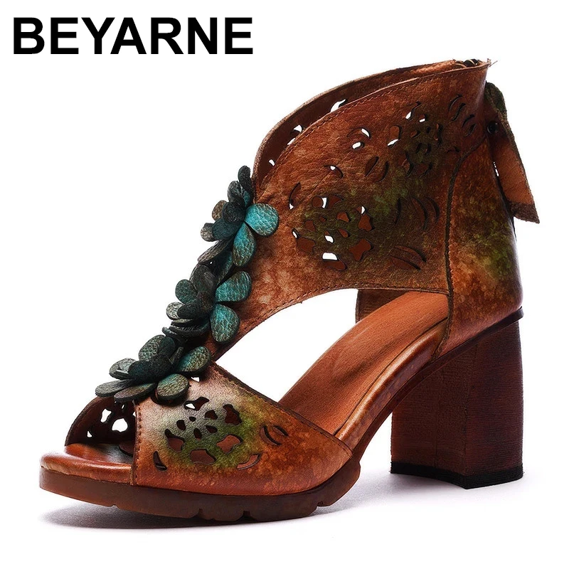 

2023 Summer Women Sandals Retro Style Handmade Design Pumps Lady Genuine Leather High Heel Sandals Women's Zipper Shoes