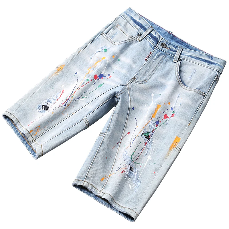 Newly Summer Fashion Men Jeans Retro Light Blue Elastic Spliced Designer Short Ripped Jeans Painted Hip Hop Denim Shorts Men