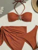 Sexy Metal Starfish Bikinis Set Women Brown Bandeau Push Up Mesh Skirt 3 Piece Swimsuit 2025 Beach Bathing Suit Holiday Swimwear