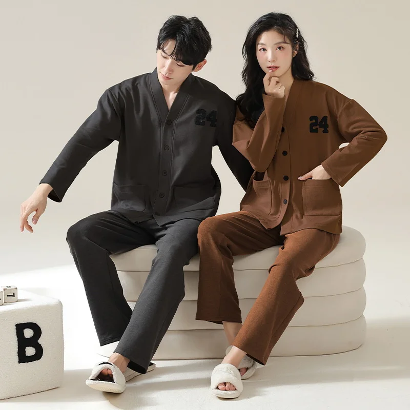 2023 Cotton Nightwear Couples Spring Men Long Pajamas Women Cardigan Fashion Print Thicken Loose Sleepwear