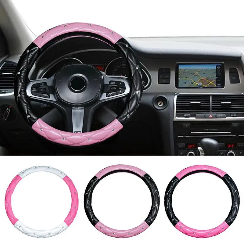 

Sparkly Steering Wheel Covers Anti-Slip Rhinestone PU Leather Steering Wheel Cover Soft Car Interior Accessories For Women Girls