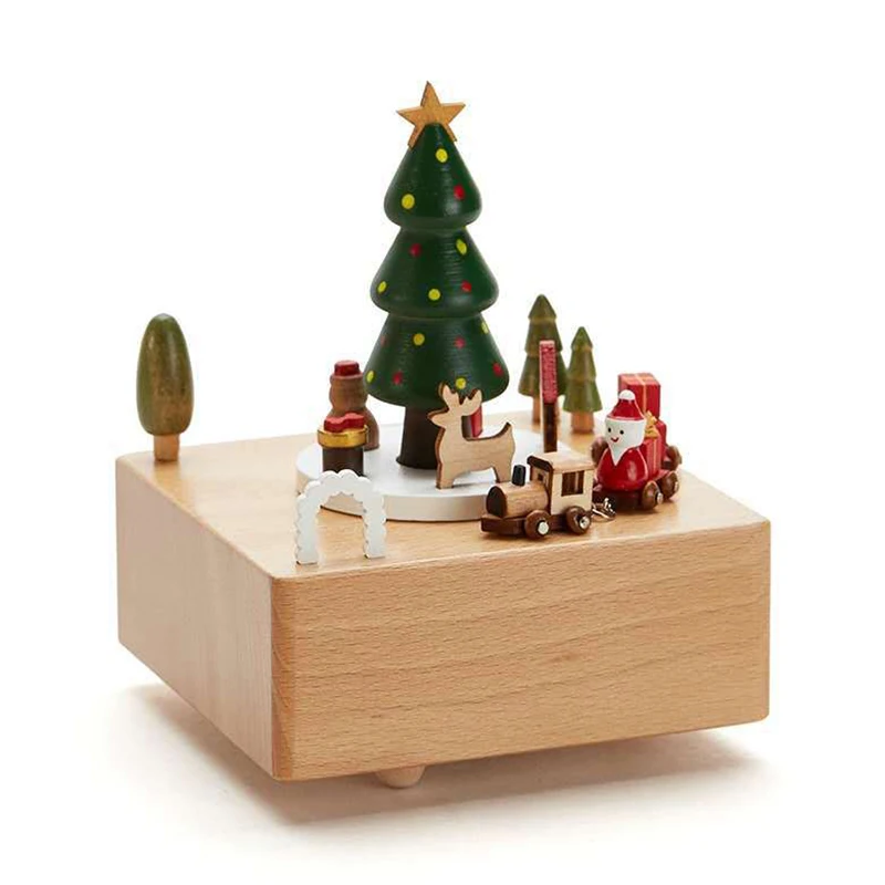 Hot Creative Xmas Kids Birthday Gift Wedding Decoration Solid Beech Rotating Train Christmas Tree Wooden Music Box