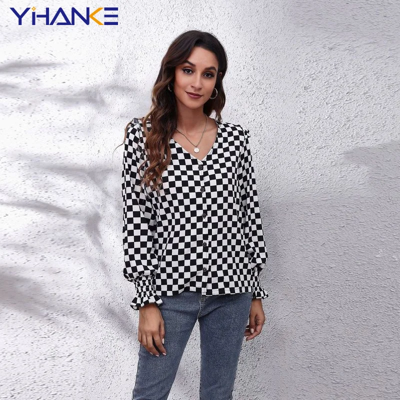 

Vintage Casual Elegant Tops V-Neck Single-Breasted Long-Sleeved Blouse New Plaid Chiffon Shirt Elegant Camisas Mujer