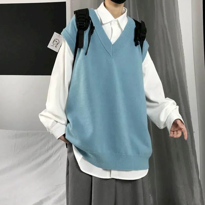 Men Sweater Vest Autumn Solid Color Knitted Male Korean Style Trend Loose V-neck Sleeveless Waistcoat College