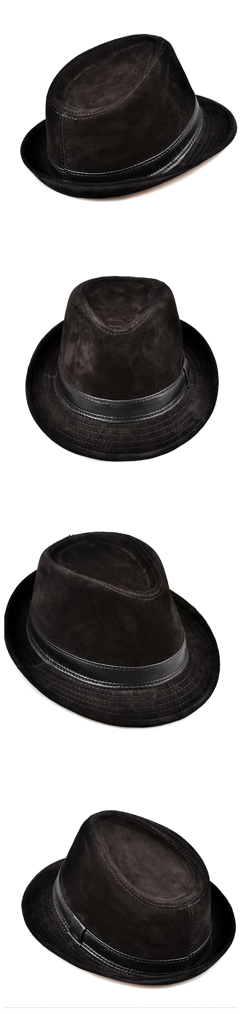 Men Genuine Leather Suede Cow Skin Nubuck Brown Fedoras Hats Women Gentleman Male Jazz Hip Pop Caps 56-60cm Fitted Hat