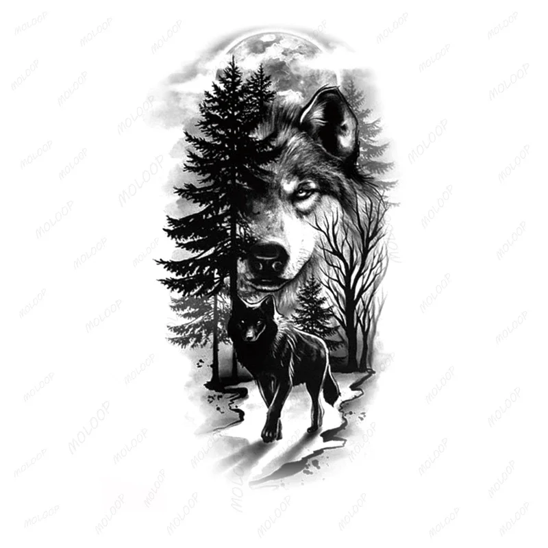

Tattoo Stickers Forest Wolf Moon Trees Arm Back Flash Fake Tatto Temporary Waterproof Body Makeup Art for Men Women