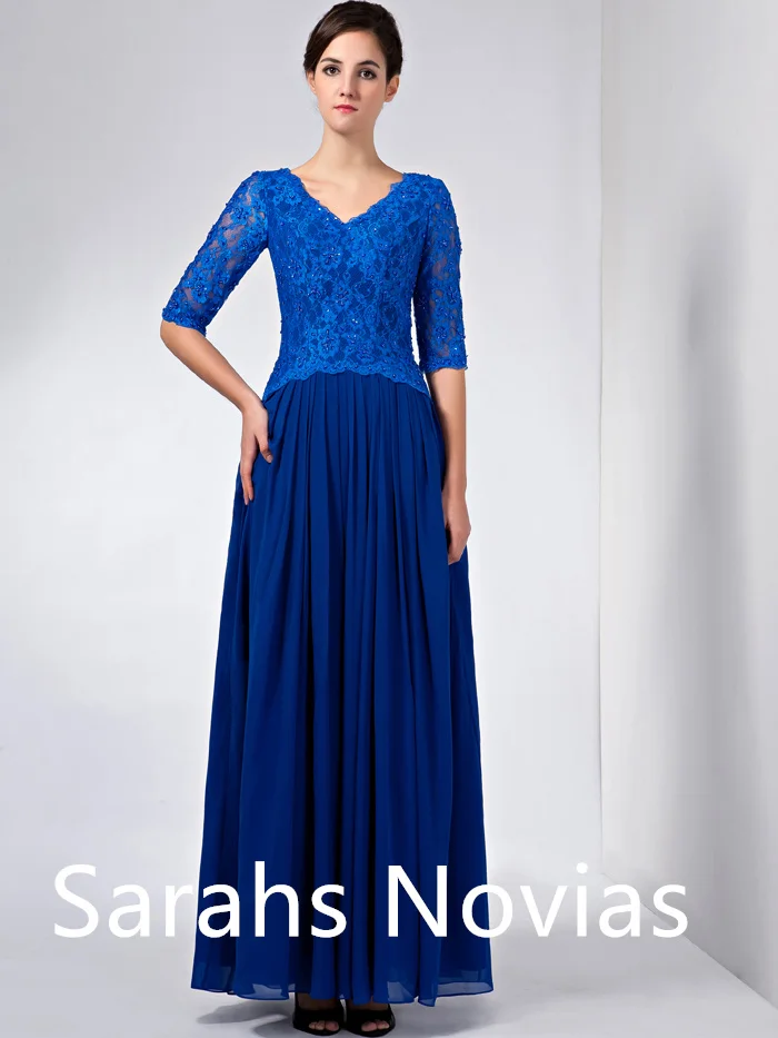 

Royal Blue A-line Long Mother Bride Dresses With Half Sleeves V Neck Lace Chiffon Modest Mother's Dresses Made to Order