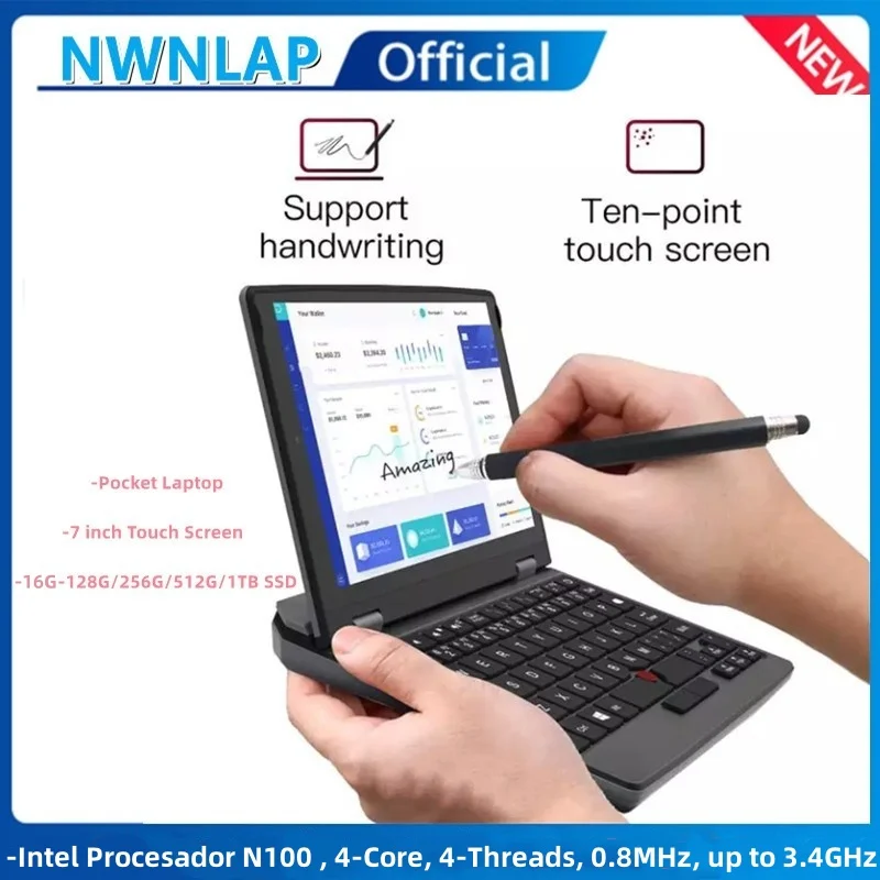 7 Inch Mini Laptop Intel N100 Notebook IPS Touch Screen Portable Netbook Win 11 Pro Mini PC Micro Computer BT 4.2 16G 128GB