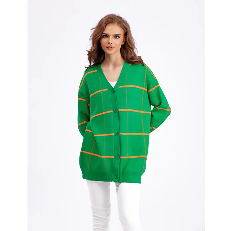 

New Winter Autumn Women's Knitted Cardigan V-neck Checkered Coats Simple Loose Fitting Long Sleeved Tops Elegant Ladies Sweater