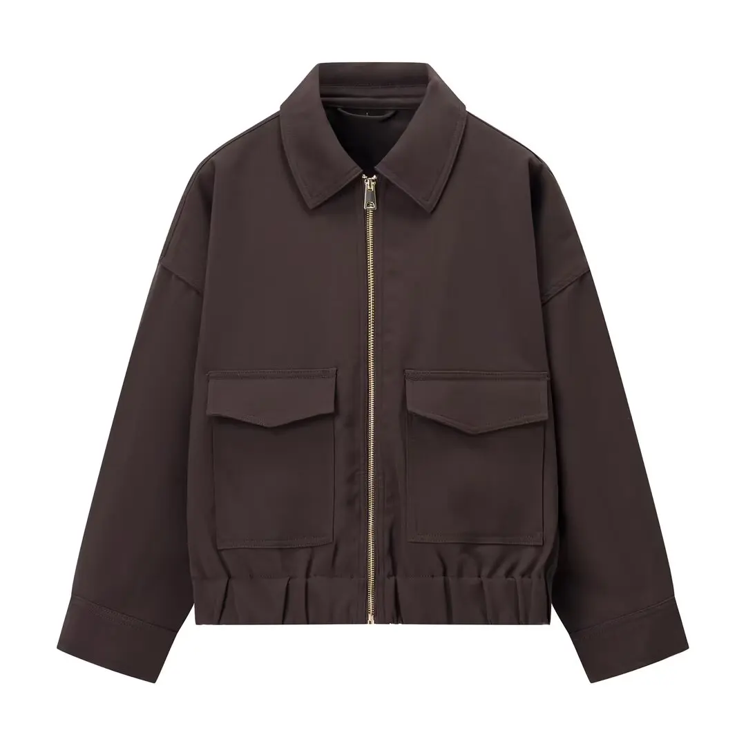 Women’s Cropped Zip-Up Utility Jacket in Brown - Front View