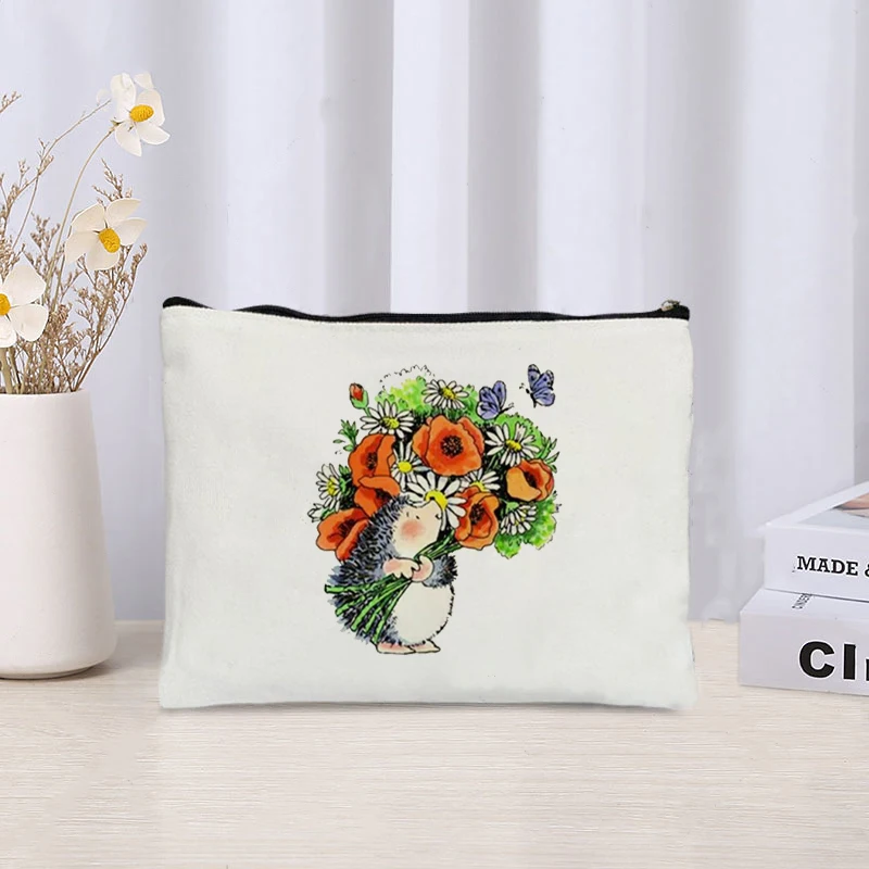 Cartoon Hedgehog Print Zipper Canvas Bag Organizer Skin Care Products Sundries Storage Cosmetic Bags Cute Stationery Pencil Case 4