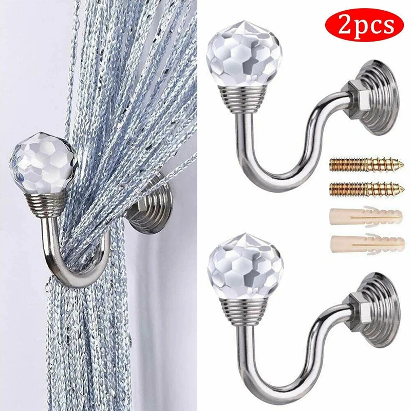 2Pcs Silver Metal Crystal Curtain Holdback Wall Tie Backs Hooks Hanger-Holder 