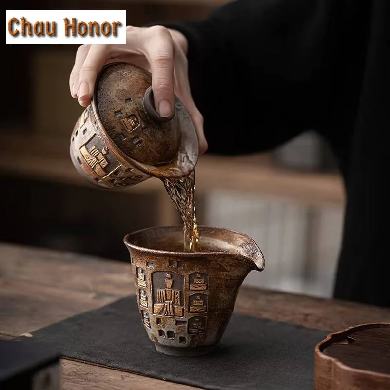 140ml Handmade Wood-fired Porcelain Gaiwan Dunhuang Frescoes Bowls Tea Tureen Tea Making Cover Bowl Cafes Supplies Ornament Gift