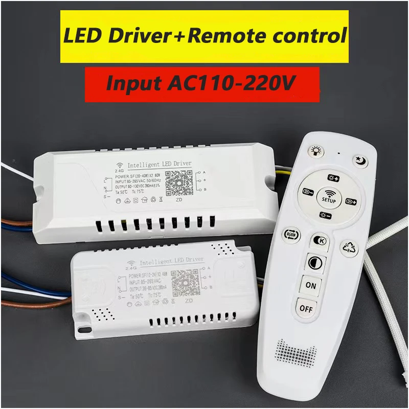 Transformador LED inteligente, entrada de energia AC85-265V, controle do aplicativo, driver de isolamento LED, 2.4G, remoto, transformador LED, 40-60W, X2 para cor regulável