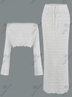 2025 Women Summer Sexy Knit One-neck Long Sleeve Short Top Drawstring Half Skirt Beach Two-piece Swimsuit Cover Up Chic Set K172 - Image 4