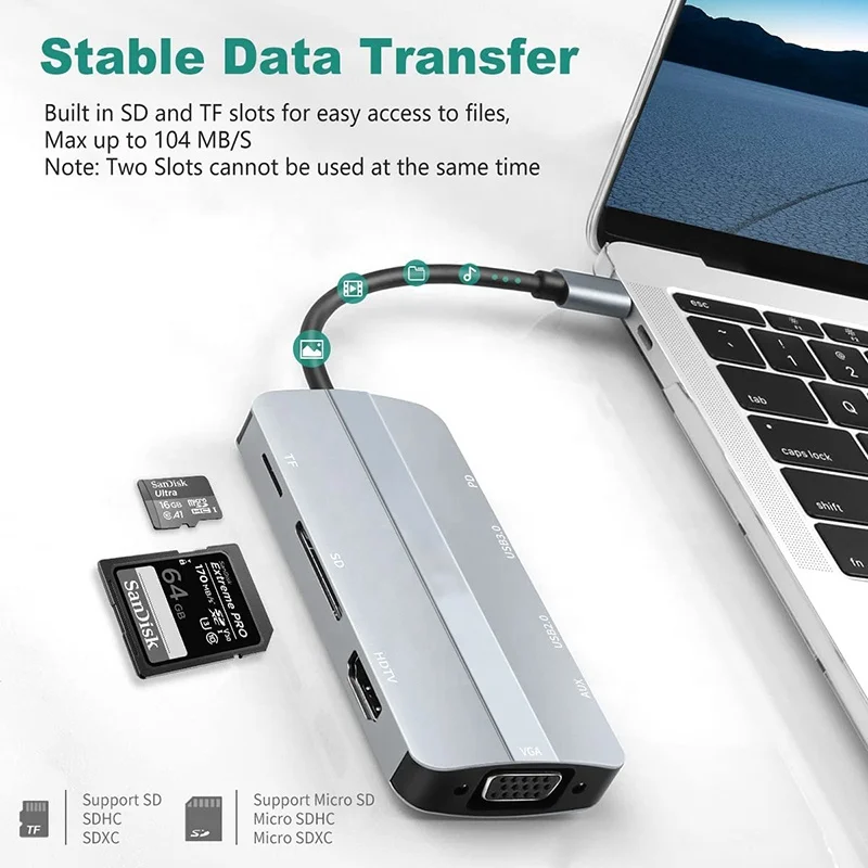 8 in 1 멀티포트 USB-C 허브 USB C 타입 C to 4K HD HDMI VGA USB 3.0 도킹 스테이션 허브 어댑터 (노트북용)