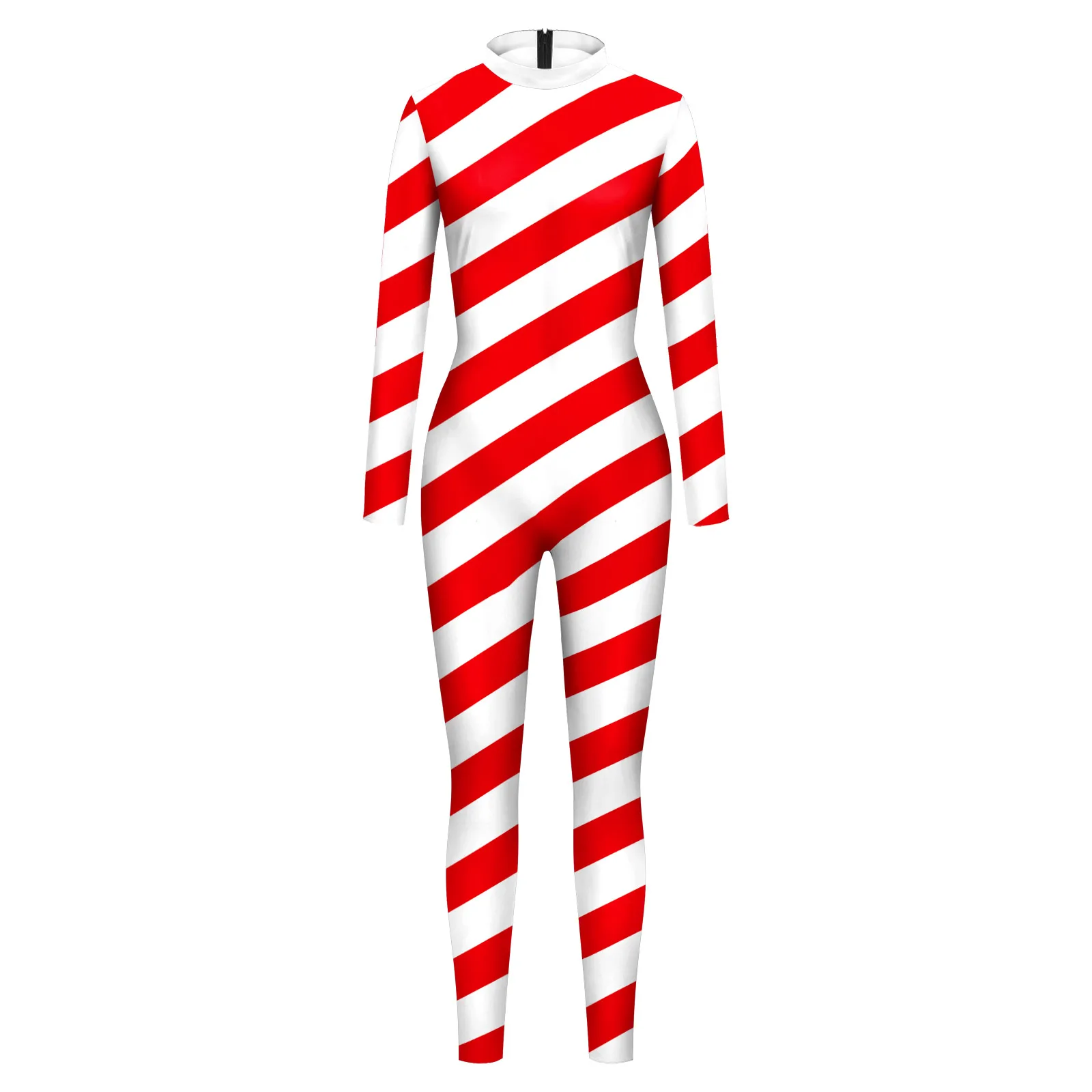 Women's Candy Cane Striped Christmas Jumpsuit - Ugly Xmas Romper, Long Sleeve Bodysuit For Holiday Party, Cosplay, Club