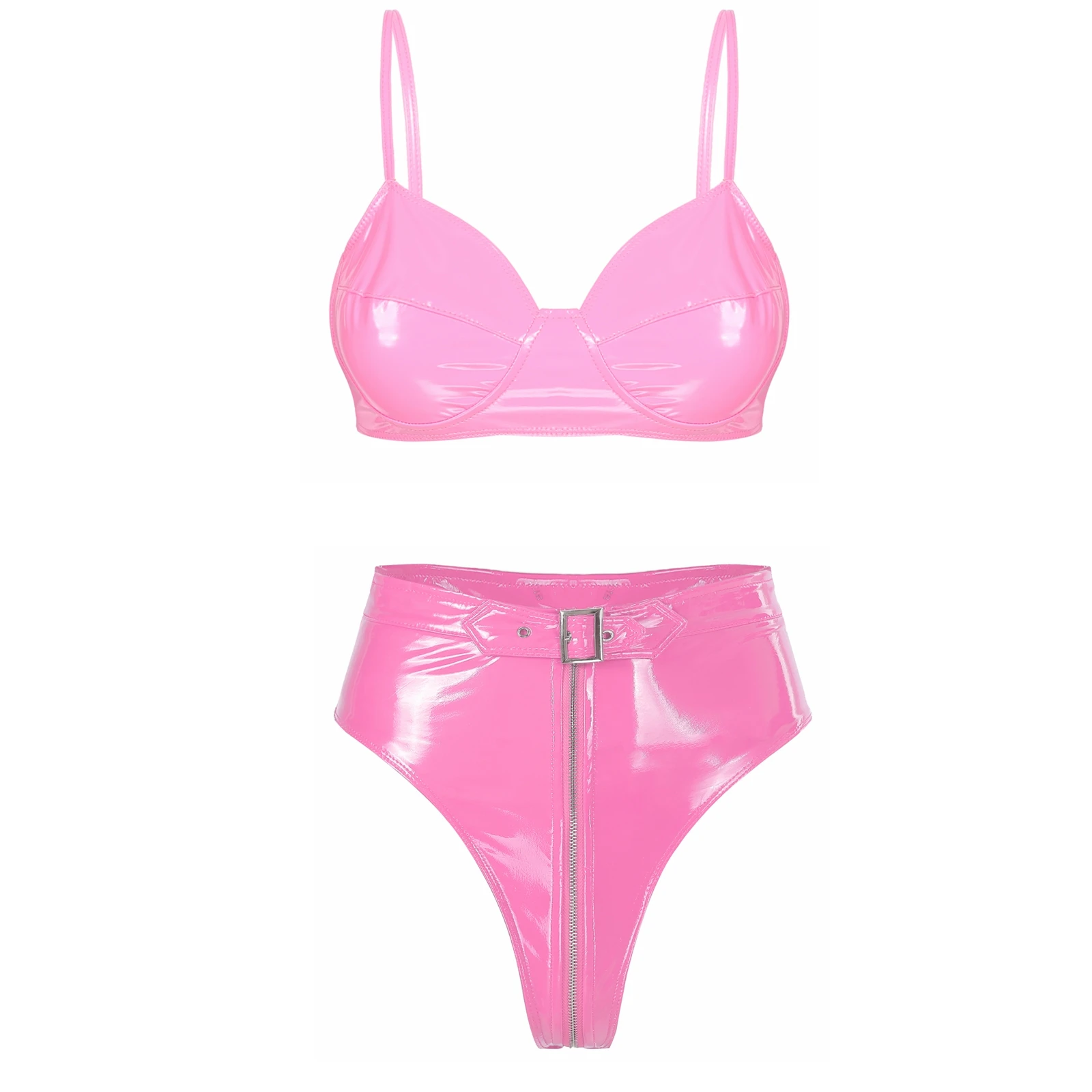 thumbnail image 1 of Conjunto de lencería íntima sexy para mujer, de charol con aspecto mojado, sujetador sin aros y braguitas con cremallera frontal de corte alto, 1 of 5