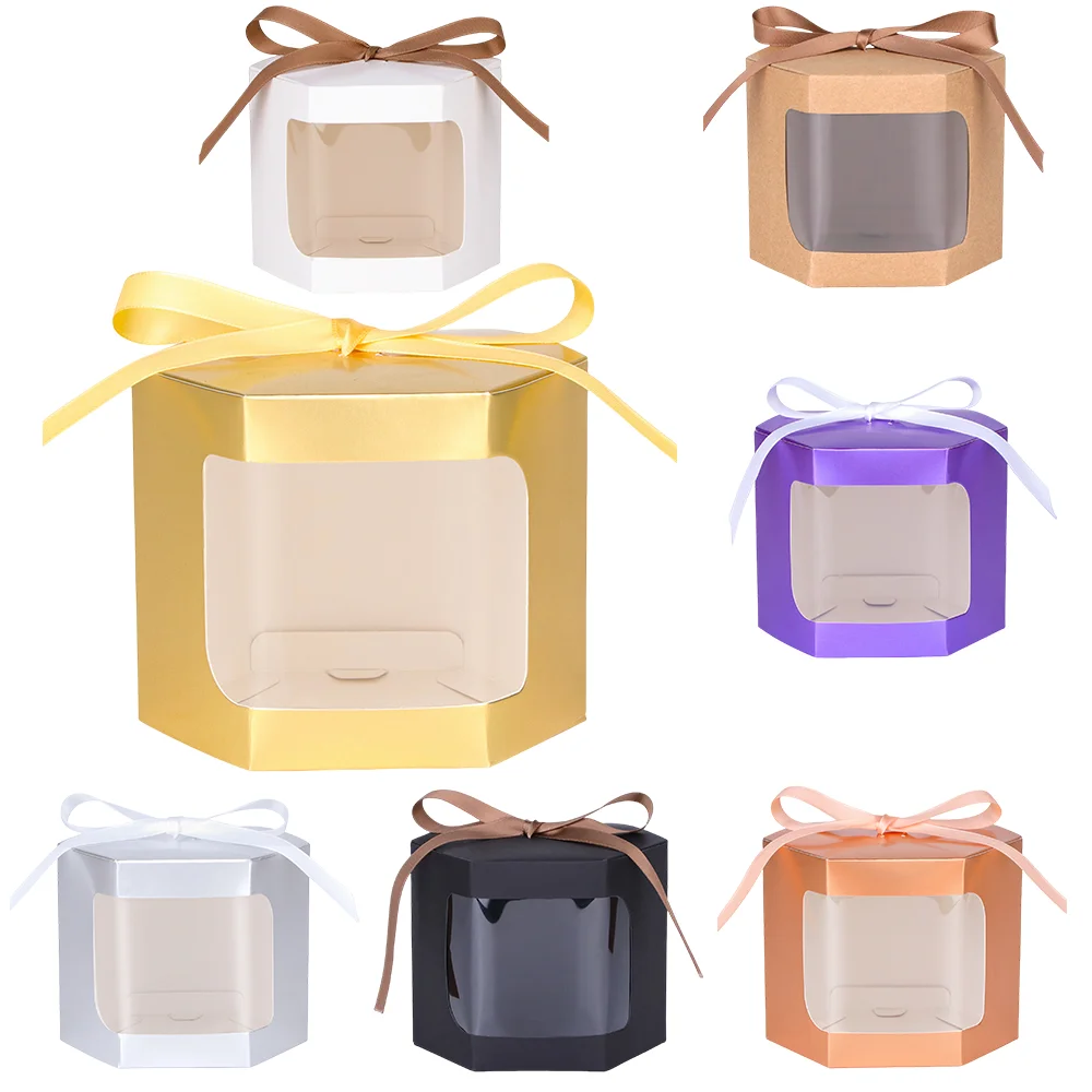 10 Stück Kuchenbox-Verpackung, Papiertüten, sechseckige Süßigkeitenboxen mit durchsichtigem PVC-Fenster, Geburtstagsgeschenkbox, präsentiert Süßigkeiten-Packung