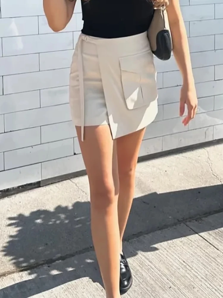 

Fashion Lady Big Pockets High Waist Lace Summer Shorts Skirts 2023 Girls Casual Irregular Safari Style Side Zipper Shorts Femme