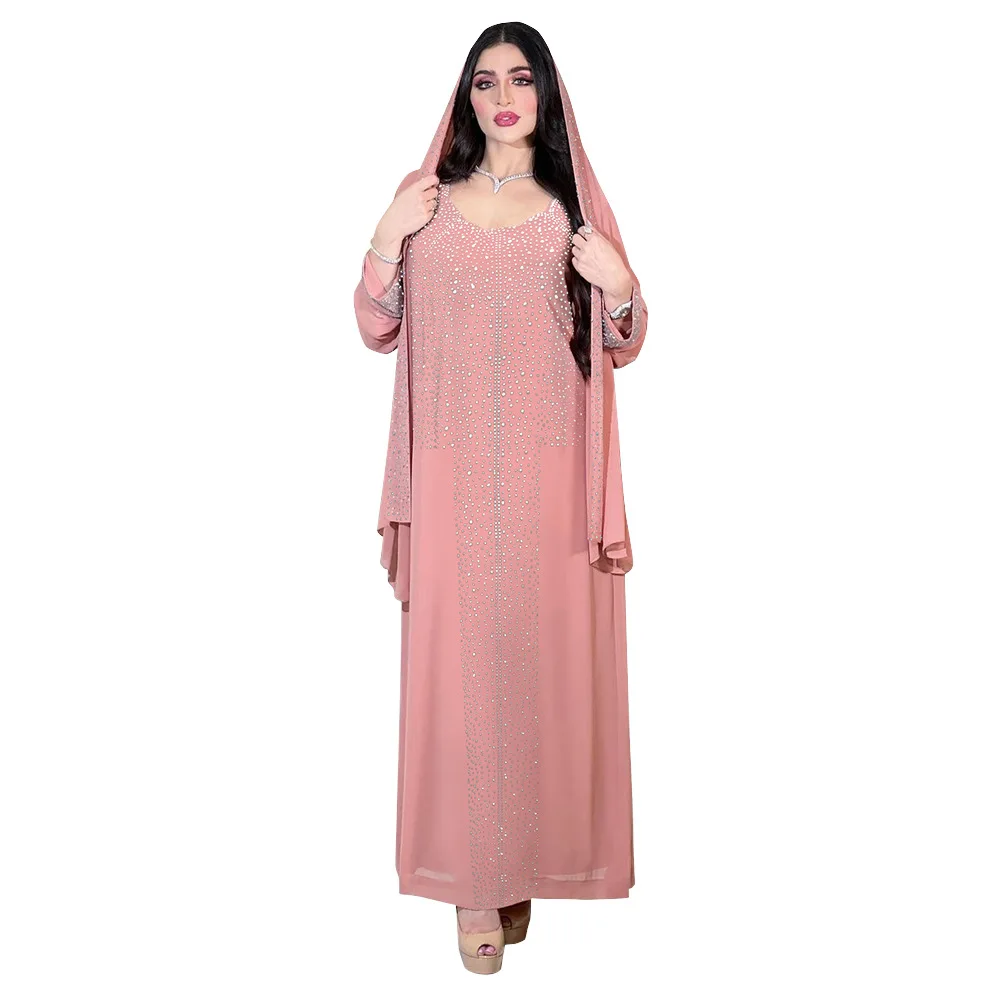 Abaya Dress Muslim Elegant Long Sleeve V-neck Blue Pink Diamonds Party Evening Long Dress Maxi Dress Muslim Fashion Abaya