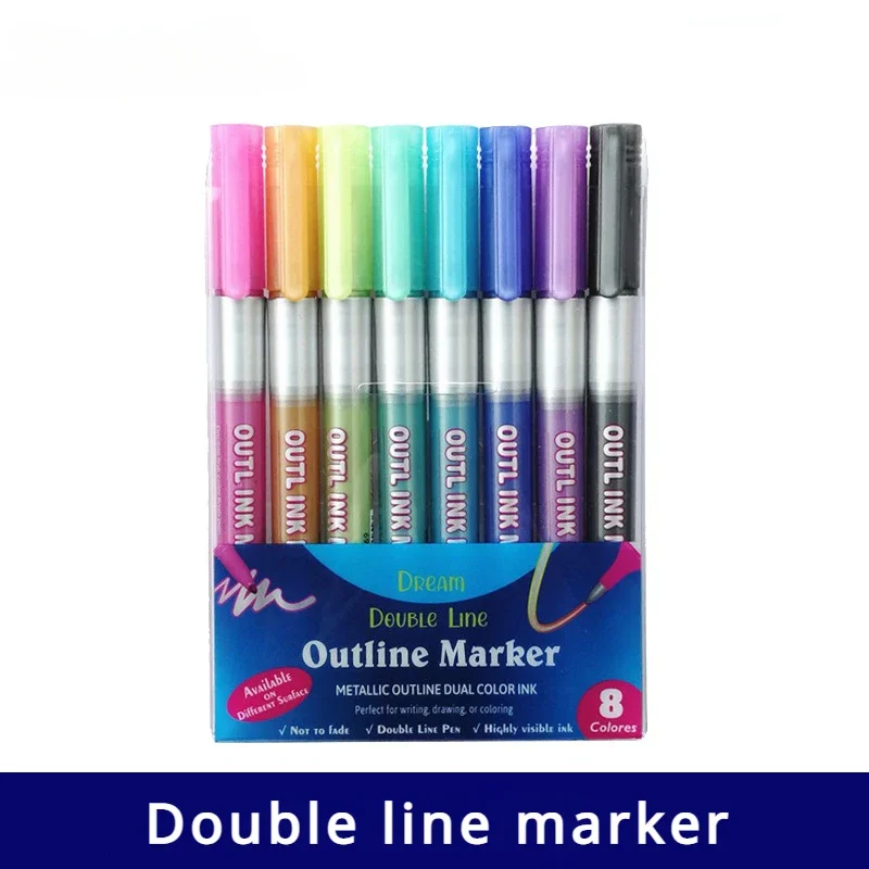 

8 Colors Double Line Outline Pen Set Marker Metal Tracing Student DIY Handbook Pen Card Highlighter Paint Marker Waterproof