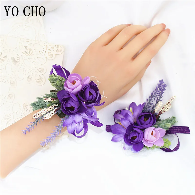 YO CHO Hochzeits-Corsagen, Blumen-Boutonniere für den Bräutigam, lila Seidenrosen-Broschen für Herren, Hochzeits-Brautjungfern-Armband, Handgelenk-Corsage-Blume