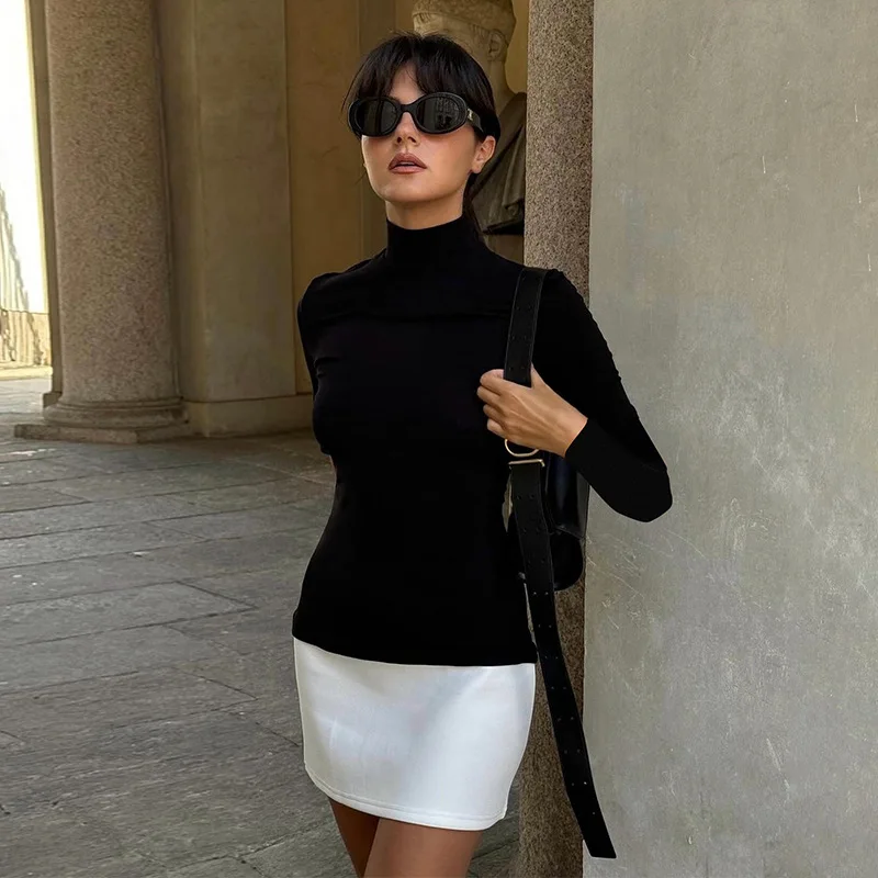 Turtleneck Splice Long Sleeve Mini Dress Women's Fashion Contrast Color Bodycon Sexy Dresses Autumn New Club Party Dress