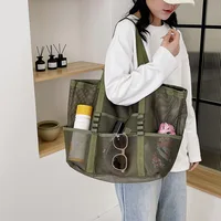 Large Capacity Canvas Beach bag Versatile Commuting Shopping Shoulder bag Lightweight Semi Transparent Mesh Hollow bag - Image 3