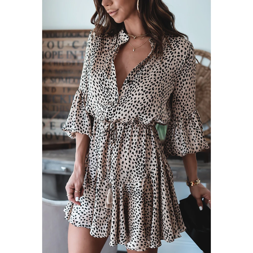 

2022 Spring Loose Dress Leopard Bubble Long Sleeve Mid Waist Thin Belt Print Casual Holiday Skirt