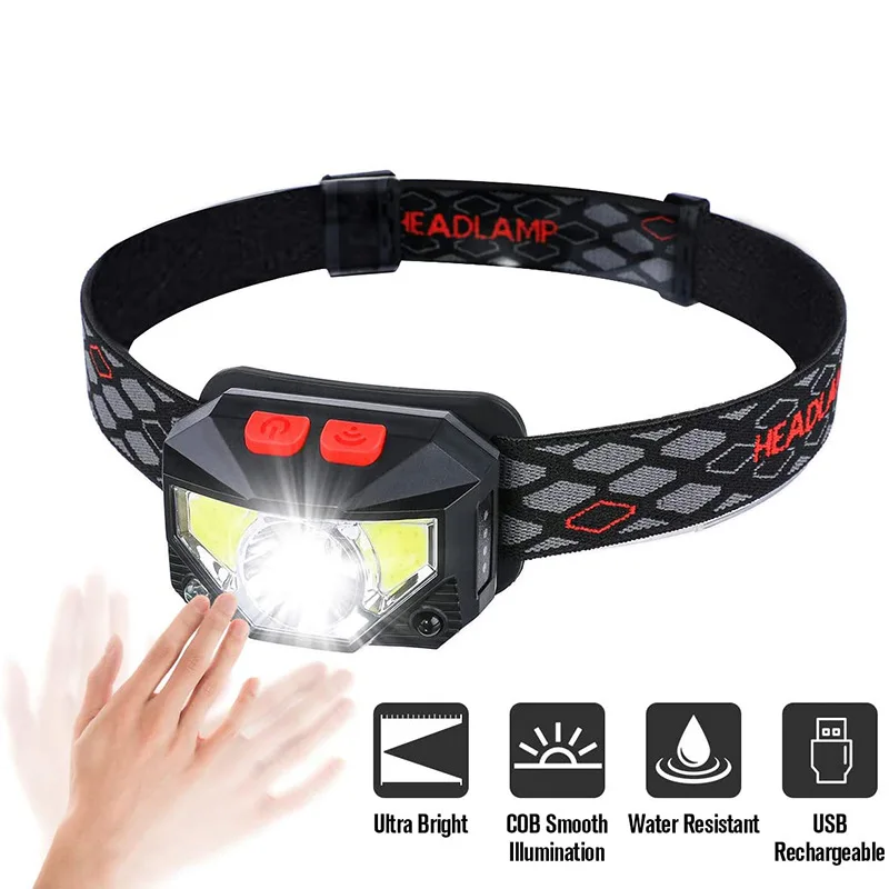 Led Cob Headlamp Usb Lampe de poche rechargeable Capteur Xpe Phare