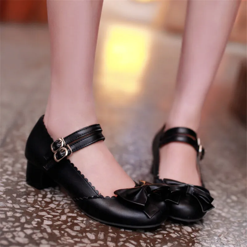 PXELENA LO New Hot Girls Sweet Bowtie Women Lolita Mary Janes Low Heel Ballet Pumps Ankle Strap Shoes Plus Size US 4.5-10.5