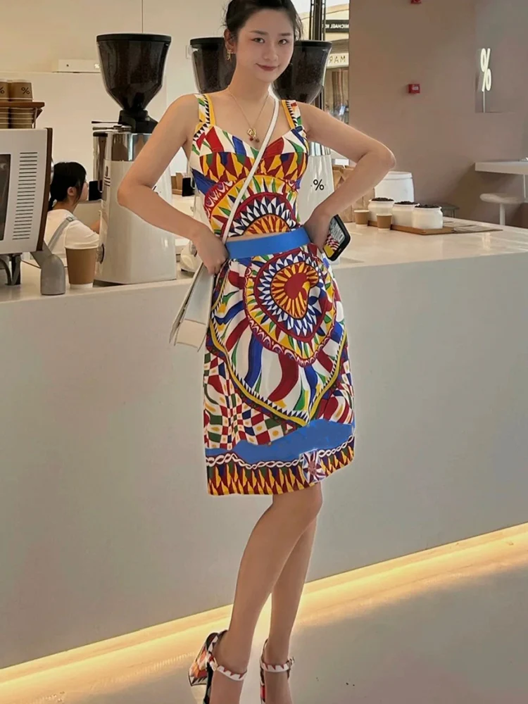 

Retro sexy strapless halter top short women's top two-piece summer new+high waist geometric print A short skirt fashion suit