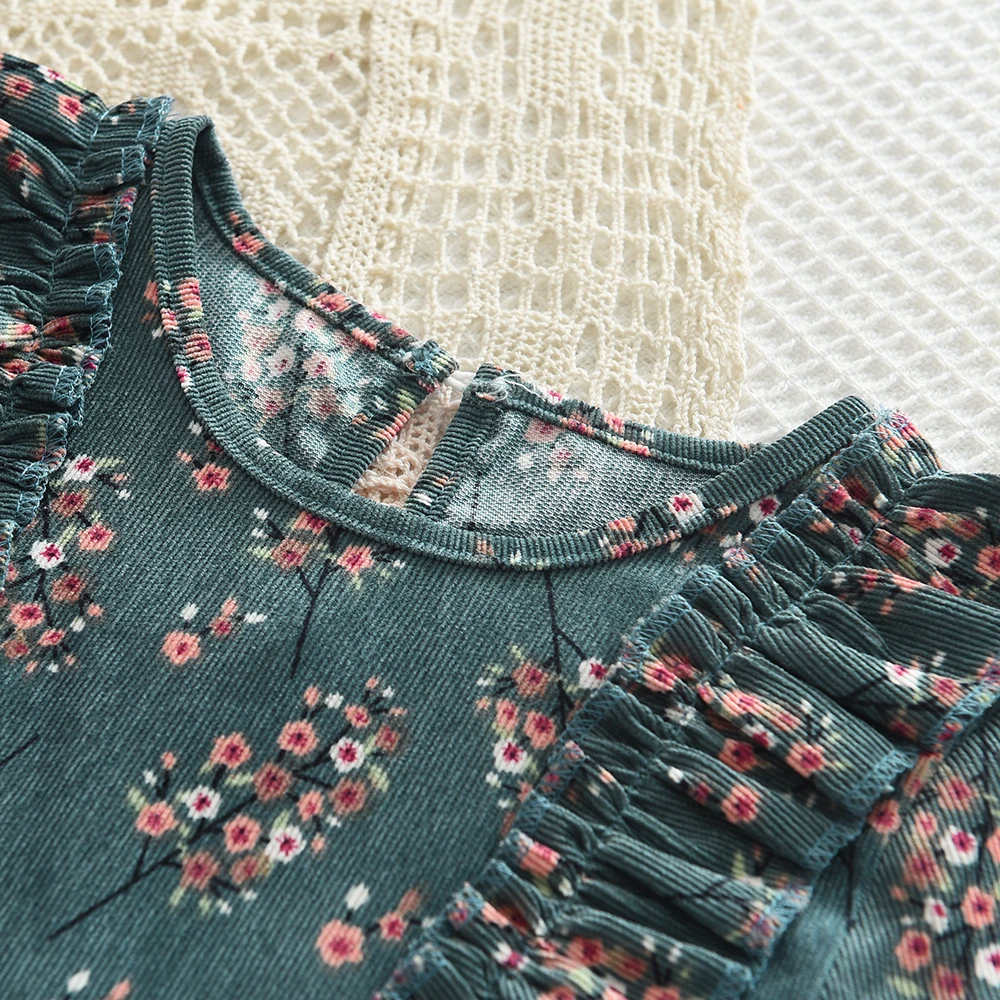 Girls' Dress 2023 Autumn New Girls' Round Neck Ruffled Flower Print Long Sleeve Dress Children's Fashion Dress - 3