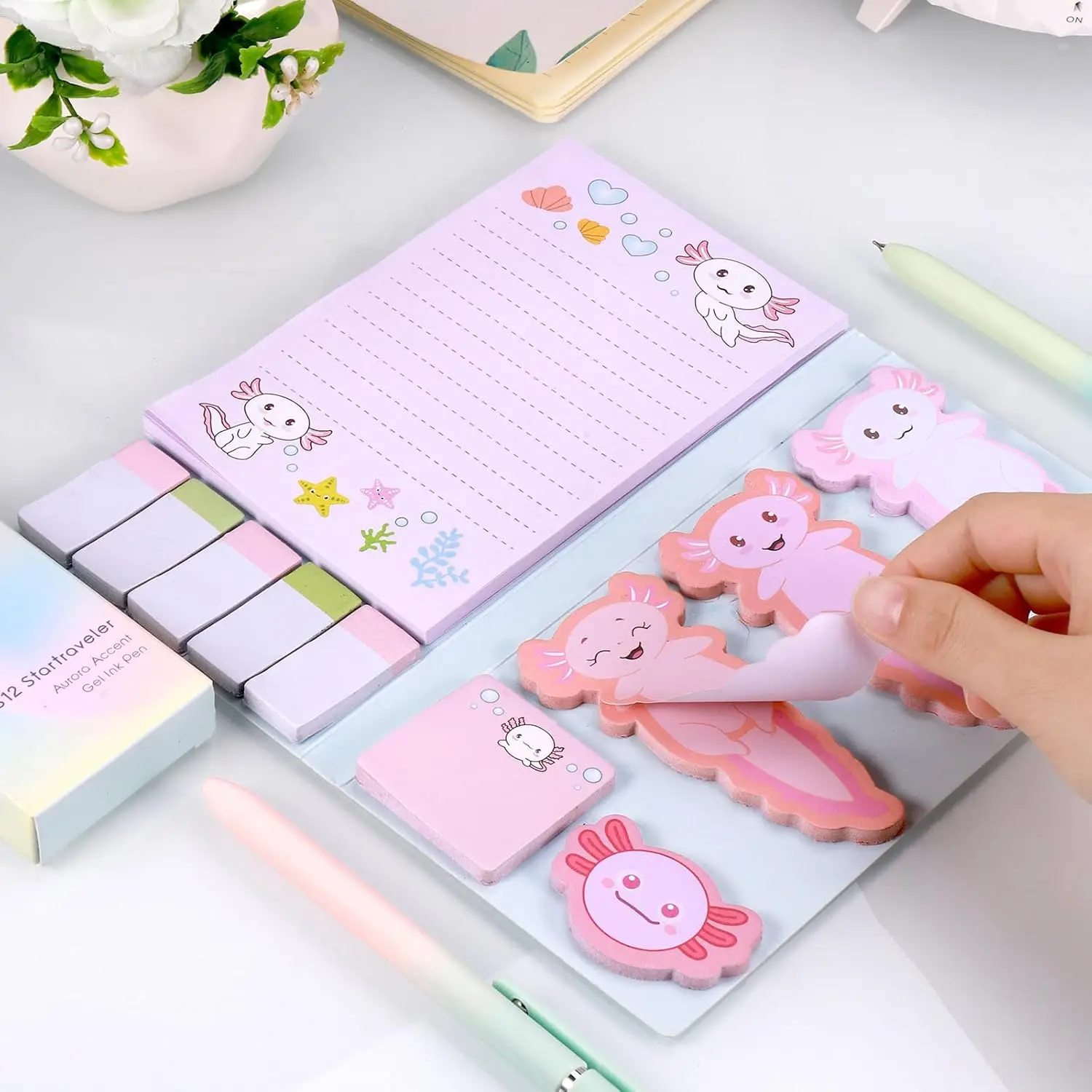 1 set Axolotl Sticky Notes, Cute Cartoon Pink Memo Set, Girl's Party Favor, School Supplies for Students 3