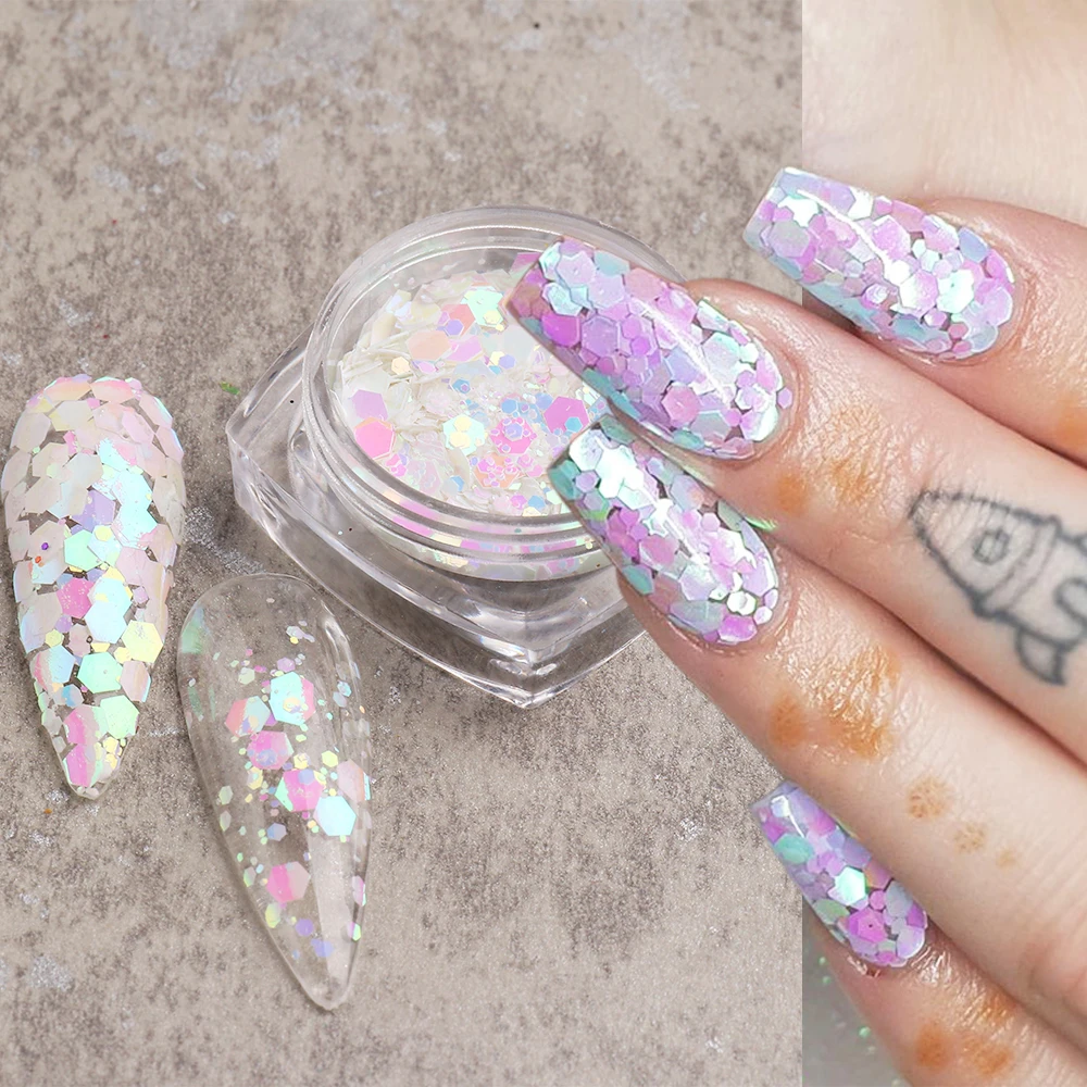1Jar Chunky Nail Glitter Holographic Hexagon Sequins For Nails Mermaid Blue  Pink Chameleon Powder Flake Manicure Paillettes GLGB
