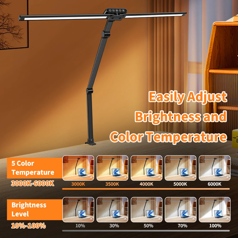 24W Double Head Desk Lamp with Clamp Led Desk Lights for Home Office 4 Brightness 4 Color Auto Dimming Task Lamp 2