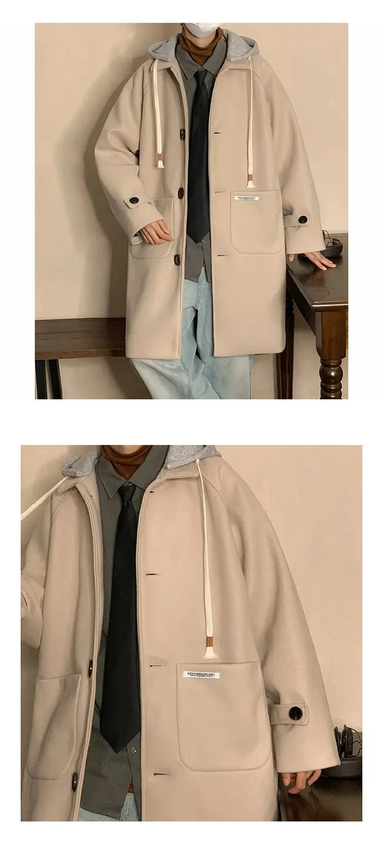 Description Picture 5 of item2024 Trench Men Hoodie Spring and Autumn Mens Coat Casual Male Streetwear Hip Hop Coats Harajuku Overcoat