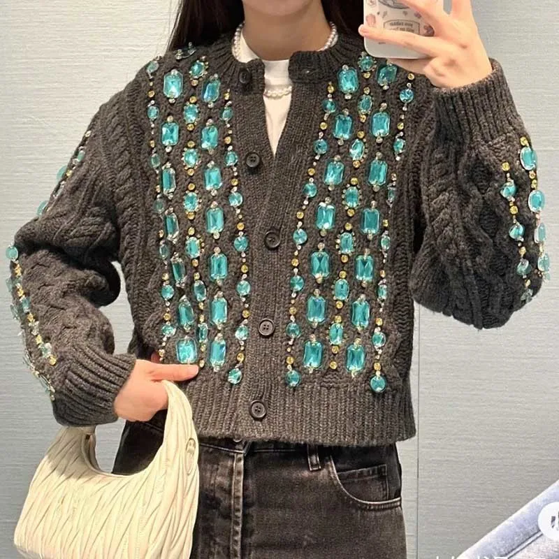 

Stylish Wool Jacquard Cardigan High Quality Diamonds Beaded Warm Sweater Temperament Designer O-Neck Long Sleeve Knitted Sweater